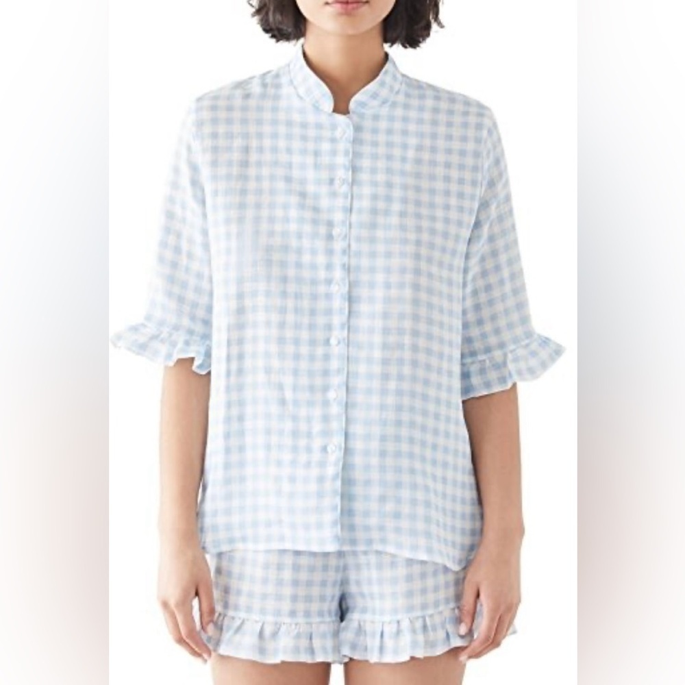 Sleeper Linen Lounge Blue Gingham Checkered Top